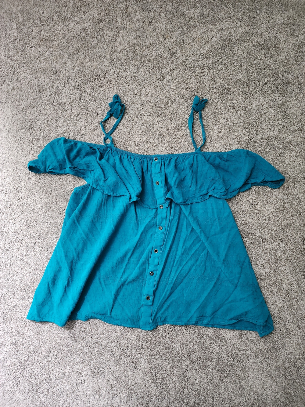 Off-Shoulder Tie-Strap Women's Top in Teal - Picture 2 of 4